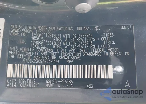 2007 Toyota Sienna Ce z USA, uszkodzony, nr VIN 5TDZK23C87S048209
